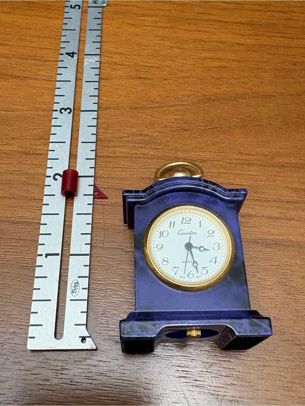 Miniature purple marbled desk clock/travel clock with gold accents